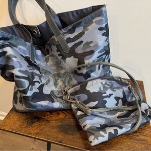 Ah Dorned Grey Camouflage Tote and Crossbody Set with rhinestone skull.